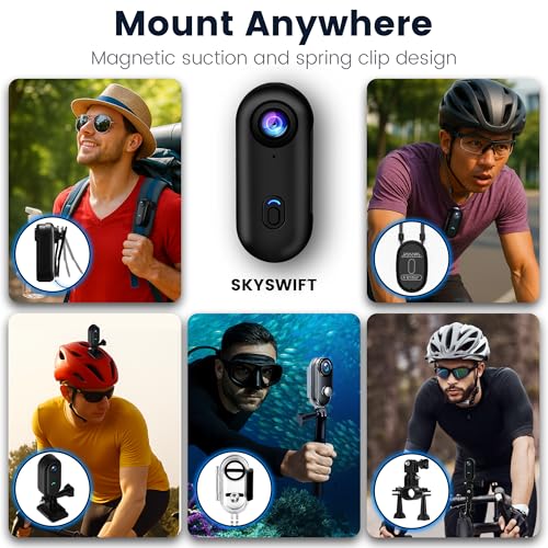كاميرا اكشن صغيرة 4K من سكاي سويفت مع بطاقة 64GB - كاميرا جسم مقاومة للماء بحجم الابهام، مسجل POV قابل للارتداء مع حامل خوذة، كاميرا رياضية بدون استخدام اليدين لركوب الدراجات والدراجات النارية والسفر|B0FR58N9Y3