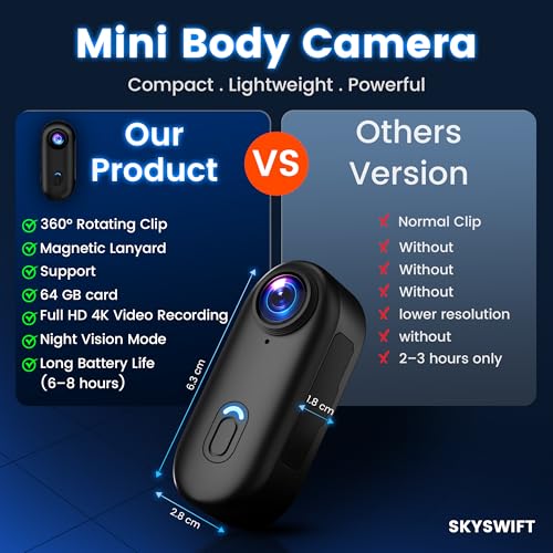 كاميرا اكشن صغيرة 4K من سكاي سويفت مع بطاقة 64GB - كاميرا جسم مقاومة للماء بحجم الابهام، مسجل POV قابل للارتداء مع حامل خوذة، كاميرا رياضية بدون استخدام اليدين لركوب الدراجات والدراجات النارية والسفر|B0FR58N9Y3