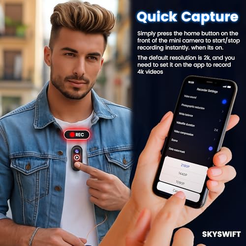 كاميرا اكشن صغيرة 4K من سكاي سويفت مع بطاقة 64GB - كاميرا جسم مقاومة للماء بحجم الابهام، مسجل POV قابل للارتداء مع حامل خوذة، كاميرا رياضية بدون استخدام اليدين لركوب الدراجات والدراجات النارية والسفر|B0FR58N9Y3