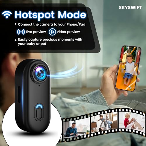 كاميرا اكشن صغيرة 4K من سكاي سويفت مع بطاقة 64GB - كاميرا جسم مقاومة للماء بحجم الابهام، مسجل POV قابل للارتداء مع حامل خوذة، كاميرا رياضية بدون استخدام اليدين لركوب الدراجات والدراجات النارية والسفر|B0FR58N9Y3